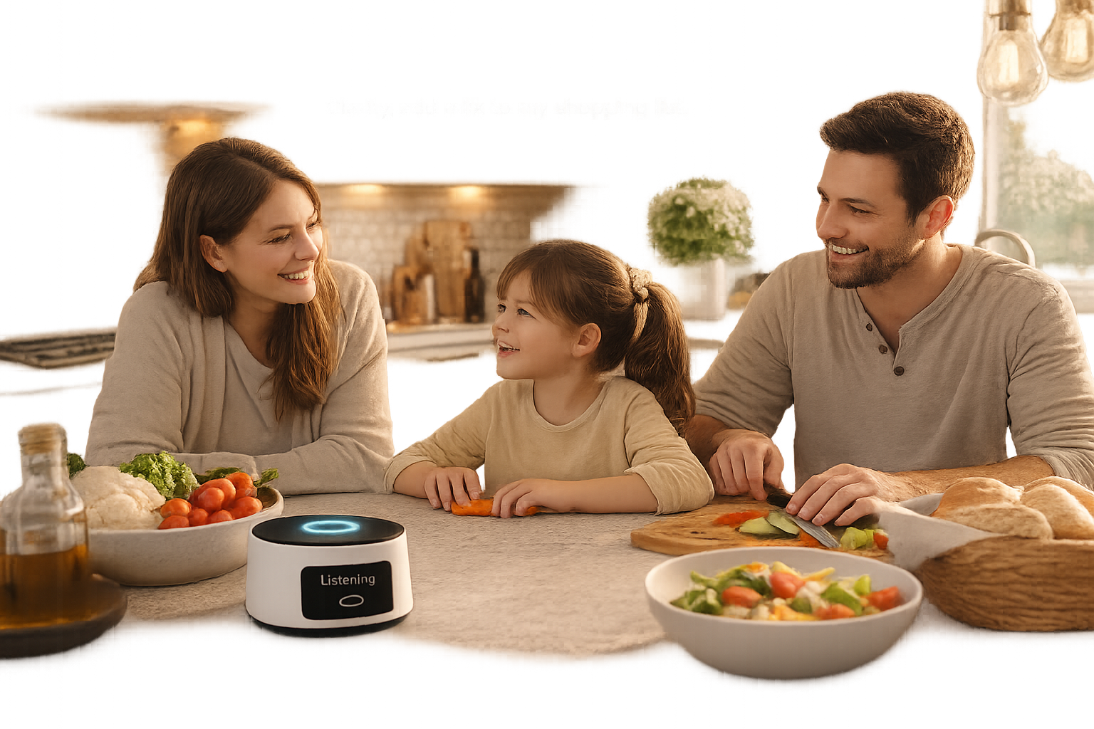 Family using voice assistant at home.