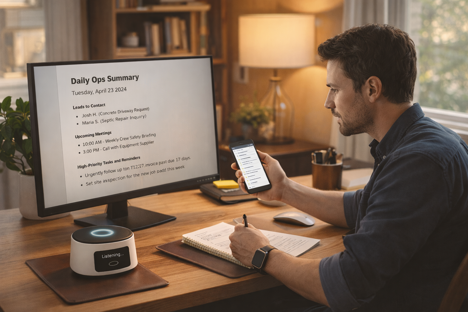 Founder working at desk with AI assistant.